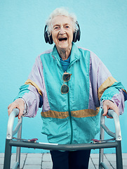 Image showing Fashion, headphones and portrait of senior woman with walking frame and vintage 1980s clothes. Retirement, elderly and happy female in retro, cool or designer jacket streaming music, radio or podcast