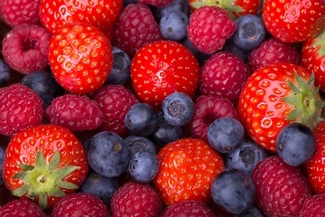 Image showing Variety of berries - strawberries, blueberries, raspberries scattered