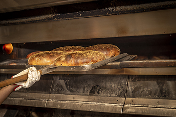 Image showing Baker is taking off from oven the rustic bread