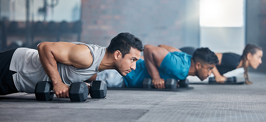 Image showing Men, woman and dumbbells in gym workout, training and fitness exercise for health wellness, strong biceps or abs muscles. Personal trainer, coach or weightlifting class friends with motivation goals