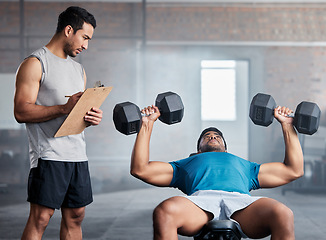 Image showing Fitness, personal trainer and weightlifting dumbbells for sports training or exercise for competition at the gym. Coach holding clipboard for workout checklist, bodybuilder or physical documentation