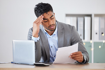 Image showing Businessman, laptop and stress with budget, paper and headache. for anxiety, headache and burnout in office. Corporate man, worker and mental health, debt and frustrated with report, mistake or tired