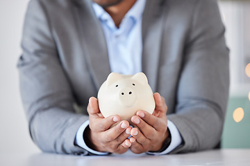 Image showing Businessman, hands and piggybank for financial savings, investment or budget planning for insurance or startup. Hand in banking, finance or profit growth for investing strategy or funding on mockup