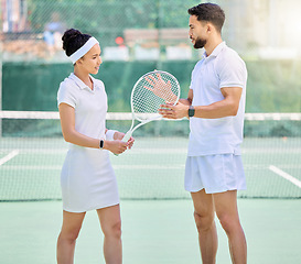 Image showing Tennis court, coach or couple talking about sports game, tips and performance after exercise, training and workout. Man coaching woman outdoor for fitness, tennis and health before sport competiton