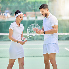 Image showing Tennis, start and couple with a racket on court for training, game and sports date. Fitness, happy and man and woman with a smile for sport, exercise and fun workout for quality time in summer