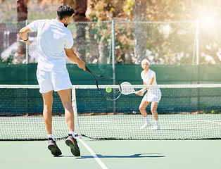 Image showing Tennis game, team sports and training for healthcare motivation or exercise workout outdoor. Professional athlete, teamwork collaboration and cardio competition together for fitness on tennis court