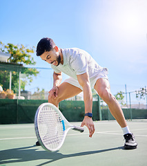 Image showing Sports, tennis and leg injury on court after training, game or match. Tennis player, healthcare and male athlete drop racket with injured knee, muscle pain or inflammation after workout or exercise.
