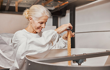 Image showing Honeycomb, honey and bee farmer, production and manufacturing natural product in factory or workshop. Woman entrepreneur, harvesting and happy smile while working in agriculture industry or process