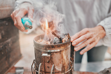 Image showing Fire, camping and hands of a senior person start a flame for heating, preparation of food and cooking in nature. Light, heat and woman with a tool for making heat and warmth during an outdoor camp