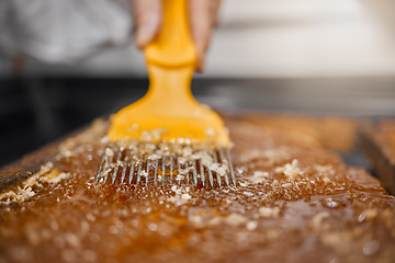 Image showing Beekeeping, honey frame and production for sustainable farming with scraping tool and frame for honeycomb, beeswax and food industry. Hands of bee farmer or apiarist working with natural product