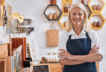 Image showing Portrait, senior woman and small business leader proud of honey shop, organic product and recycle initiative in local store. Market, success and lady in sustainable business vision, startup and goal