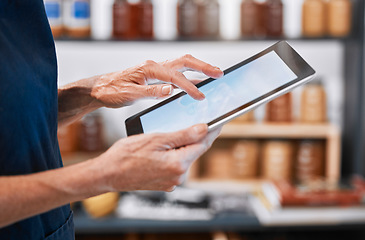 Image showing Digital tablet, hands and mockup screen with typing for online research on internet with technology. Networking, data and blank mobile device for company email, documents and marketing in workplace.