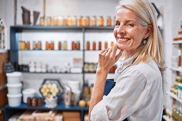 Image showing Small business, senior woman and portrait of honey shop owner proud of organic product startup, vision and goal. Success, elderly lady and sustainable business boss happy, smile and enjoying career