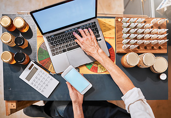 Image showing Hands, laptop and honey with a retail woman checking her phone while working at a desk in her store. Computer, ecommerce and email with a female employee typing a text message at work in her startup