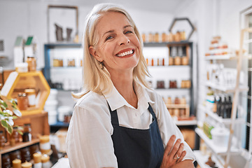 Image showing Honey shop portrait of senior woman, small business owner or retail store manager with pride in sales marketplace growth. Commerce, product and seller happy with startup vision, mission or success