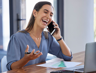 Image showing Phone call, data and laughing doctor with laptop for communication of healthcare, stats and networking on a phone. Happy, medicine and nurse on a mobile and working on a pc for medical conversation