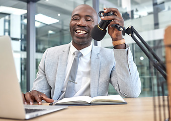 Image showing Podcast communication, laptop and businessman with microphone giving bitcoin, forex or crypto economy trading advice. Radio, black man or influencer streaming feedback review of investment portfolio
