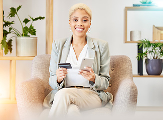 Image showing Online shopping payment, credit card and black woman with phone to order business product stock. Retail ecommerce deal, fintech app or portrait of customer with finance sales card for digital banking