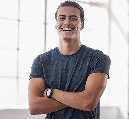 Image showing Fitness, laughing and portrait of man happy for muscle growth, gym workout success or achievement of body transformation goals. Health, wellness and strong personal trainer with pride in gym training