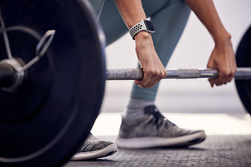 Image showing Fitness, exercise and strong, woman with barbell doing deadlift during workout and weight training for a healthy body. Sports model with a watch and weights for motivation, health and wellness