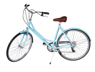 Image showing Blue retro bicycle with brown saddle and handles, generic bike side view