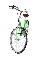 Image showing Green retro bicycle with brown saddle and handles, generic bike front view