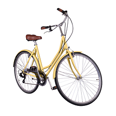 Image showing Yellow retro bicycle with brown saddle and handles, generic bike side view