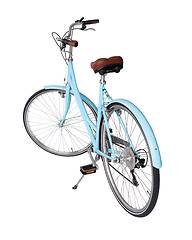 Image showing Blue retro bicycle with brown saddle and handles, generic bike back view