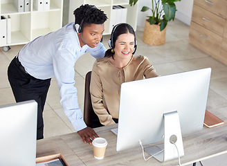 Image showing Black man, woman or computer call center training in crm consulting, b2b sales telemarketing or customer support office. Smile, happy or talking intern receptionist on technology with mentor question