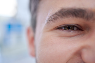 Image showing Happy, half and eye portrait of man with wellness, health and good vision in brown iris zoom. Happiness, healthy and positive face of person satisfied with eyesight exam at optometrist.