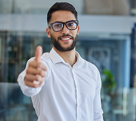 Image showing Thumbs up, success and portrait of programmer man in office happy with agreement, feedback or review. Nerd, happiness and it expert in workplace with yes, thank you or winner gesture with smile.