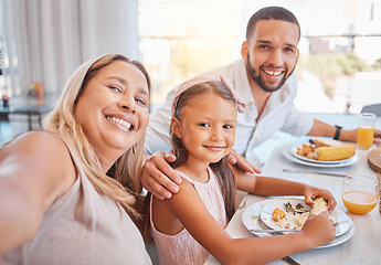 Image showing Black family selfie, lunch and smile for food, love or happiness at table in home living room. Mom, child and dad smile in portrait at restaurant meal, bonding or happy family on vacation together