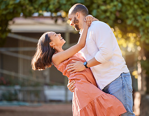 Image showing Happy, love and couple dance in nature for romantic summer date together in Cancun sunshine. Happiness, smile and care of man dancing with beautiful partner for outdoor fun and romance.