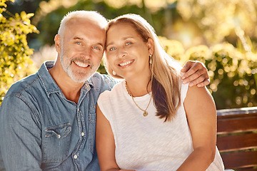 Image showing Senior couple, portrait and park, retirement and love, care and quality time together in happy marriage, relationship or summer garden, park and outdoors. Happy mature couple, man and woman in nature