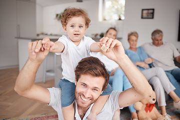 Image showing Happy, love and father with a baby on his shoulder while playing, bonding and relaxing in the living room. Happiness, fun and portrait of dad holding his boy toddler in the lounge of the family home.