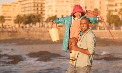 Image showing Father, child and fishing in ocean while on vacation with a beach bucket and net for family activity while learning about fish. Portrait of a man and daughter or girl together on holiday by sea