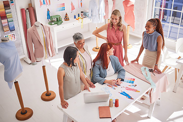 Image showing Design, fashion and collaboration with a woman team working in a workshop for modern style. Teamwork, creative and planning with a designer partnership at work in their clothing studio together