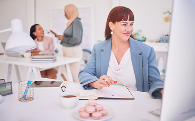 Image showing Marketing, design and woman with laptop working in creative workspace looking at computer screen. Web design, technology and happy businesswoman doing research, project and using internet in office