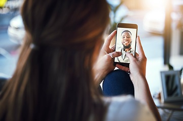 Image showing Phone, video call and woman speaking to man with zoom screen communication app with 5g network or home wifi connection. Black couple having virtual conversation using technology for online date chat