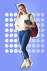 Image showing Graphic, education and student advertising college on creative wallpaper with cutout of body. Motivation, vision and portrait of a girl with books, motivation and smile for university with background