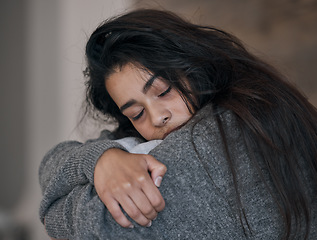 Image showing Woman, sad or depression in house, home or mental health asylum with bipolar disorder, grief or loss. Anxiety, burnout or psychology stress for person in counseling, wellness therapy or suicide watch