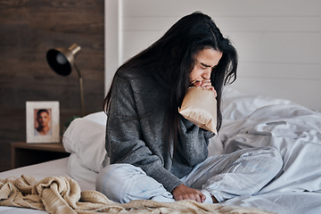 Image showing Woman, anxiety and paper bag stress breathing on bed in house or home bedroom in divorce crisis, marriage fail or widow grief. Mental health, panic attack and depression loss person in control breath