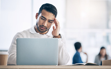 Image showing Headache, businessman and laptop, stress and burnout, tech glitch or mental health problem at office desk. Frustrated, confused and anxiety worker, computer and online mistake, tax crisis and failure