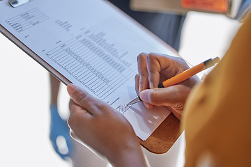 Image showing Closeup, clipboard and woman writing for delivery, ecommerce and logistics for sales service. Invoice checklist, customer signature and shipping product to client in home for e commerce supply chain