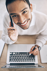 Image showing Laptop, phone call and business man with startup planning, marketing copywriting and online productivity at office desk. Networking, technology and sales businessman communication from above portrait