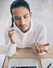 Image showing Closeup, man and confused phone call in office at finance, accounting or financial company. Zoom, businessman and smartphone conversation in corporate, small business and question in customer service