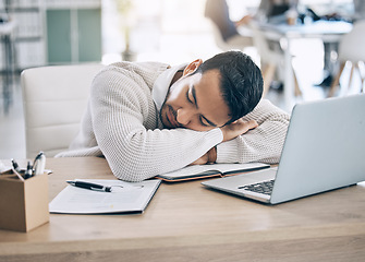 Image showing Man, tired and sleep at office desk with computer, notebook or exhausted at startup finance job. Worker, burnout and sleeping at work table in workplace with laptop, book or overworked in accounting