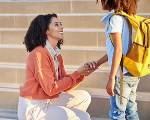 Image showing Mother, child and back to school for education, learning or childhood development at the academy. Mom, kid and holding hands with smile saying goodbye to son by steps ready to learn with backpack