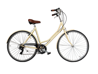 Image showing Yellow retro bicycle with brown saddle and handles, generic bike side view