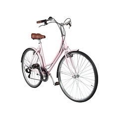 Image showing Pink retro bicycle with brown saddle and handles, generic bike side view